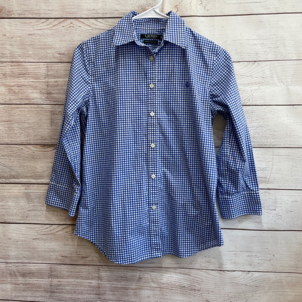NEW WITHOUT TAGS LAUREN RALPH LAUREN BLUE GINGHAM BUTTON FRONT SHIRT